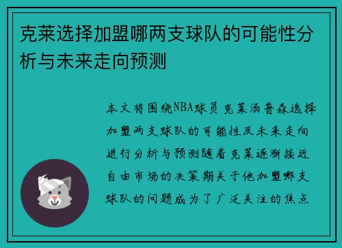 克莱选择加盟哪两支球队的可能性分析与未来走向预测